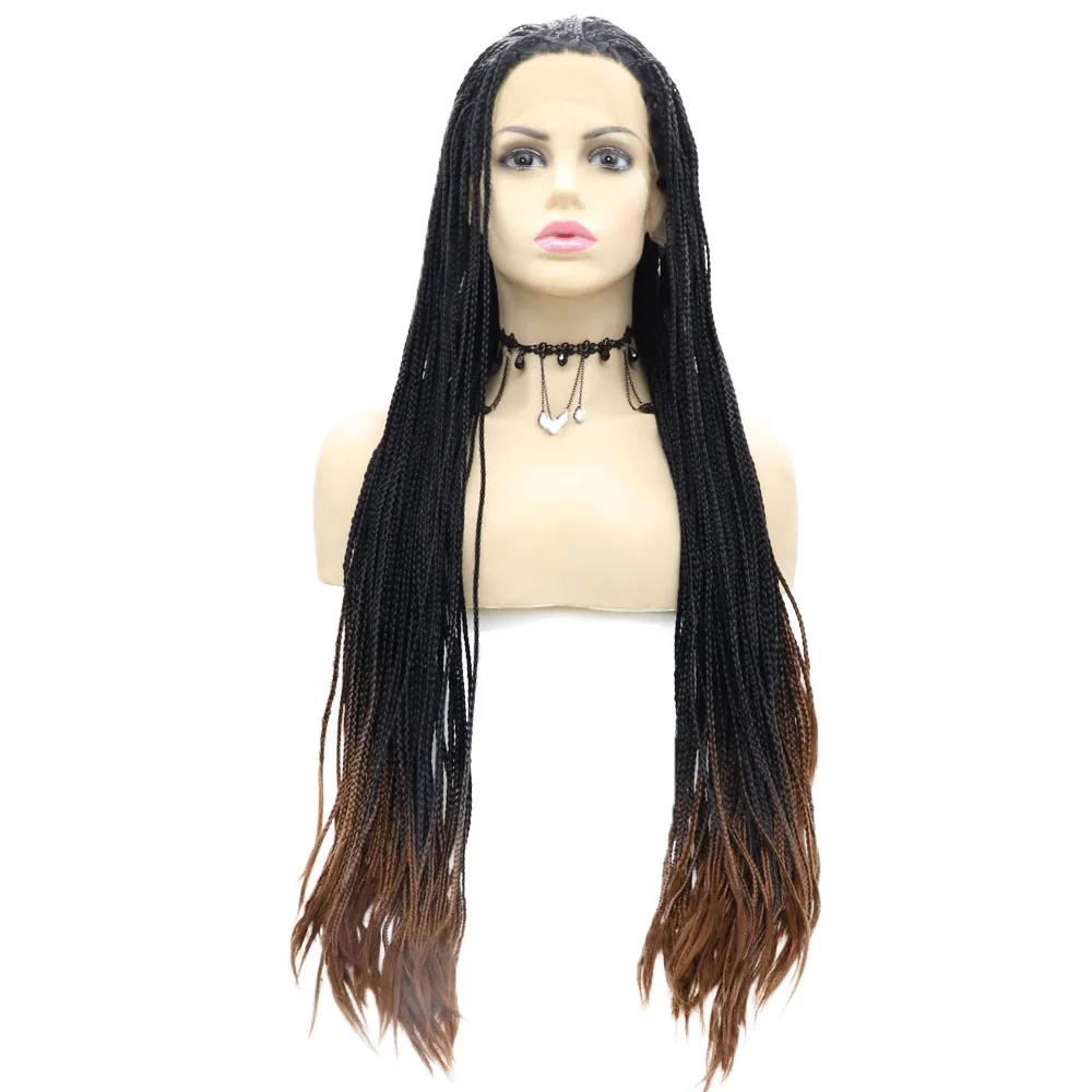 Black Brown Two Tone Hairs Synthetic Lace Front Wig 24 Inches Long Braid Hairstyle Heat Resistant Fiber Hair For Women