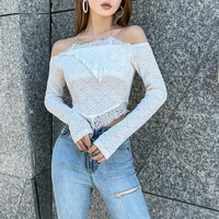2021 new women white bodycon off shoulder long sleeve crop tops sexy see through streetwear tee lace trim gothic e girl t shirts