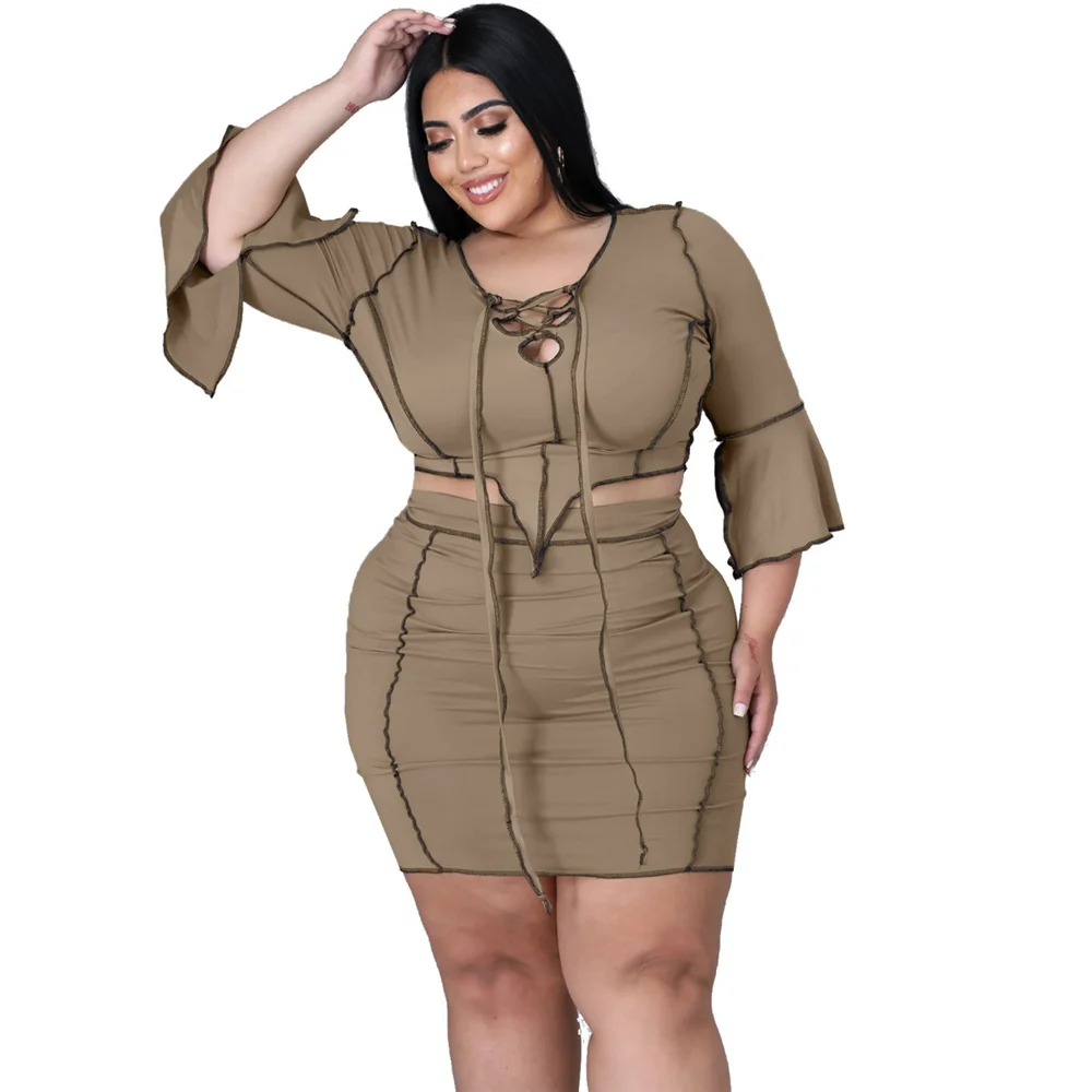 Plus Size Women Clothing 2 Piece Skirt Sets for Women Ribbing Elastic Waist Above Knee Hight Waist Skirts Who 3xl 4xl 5xl 6xl