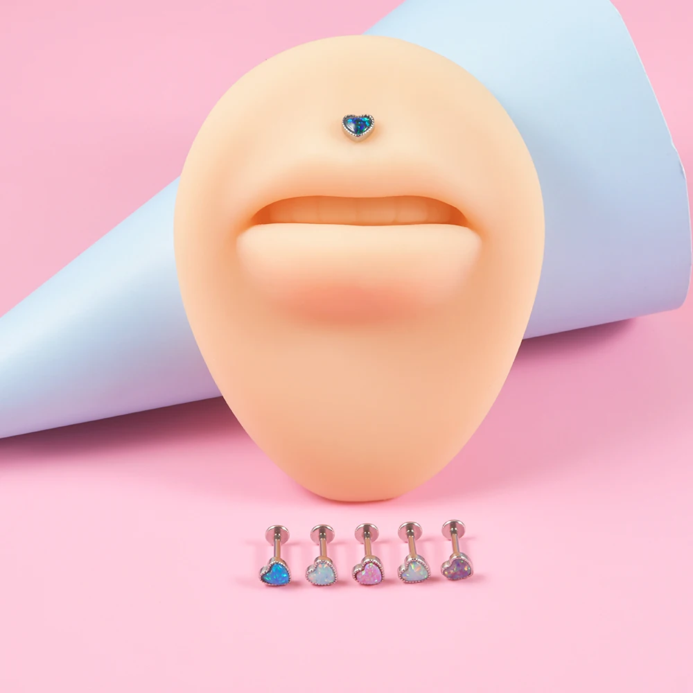 6Pcs Surgical Steel Heart Shape Opal Labret Lip Stud Ear Cartilage Daith Earrings Tragus 16G Helix Lobe Piercing Jewelry Set