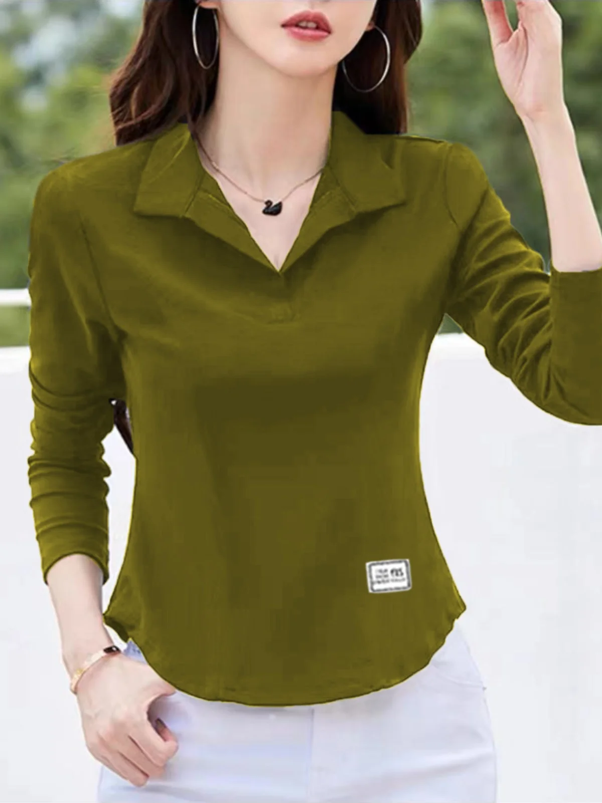 Модная рубашка из чистого хлопка с воротником-поло и длинными рукавами женская
