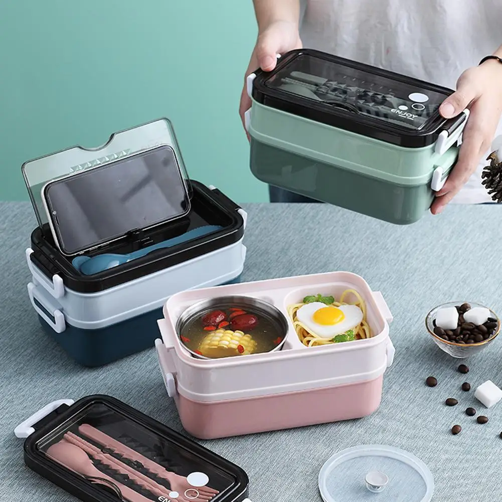 

Portable Bento Case Double Layers Lunch Box With Cutlery Multi-function Cover Design Food Container