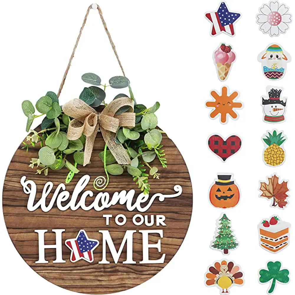 

Interchangeable Seasonal Welcome Sign Front Door Decoration Rustic Round Wood Wreaths Wall Hanging for Farmhouse Front Porch Dec