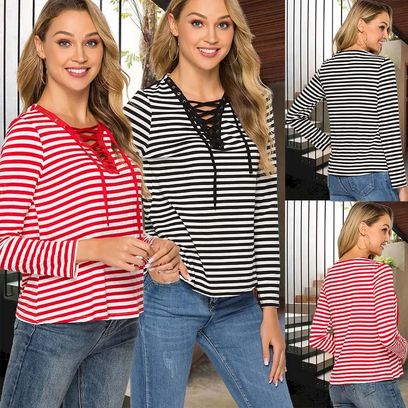 

Women Running T-shirt Striped V Neck Loose Tee Shirt Fashion Elastic Long Sleeved T Shirt Female Casual Top Femme