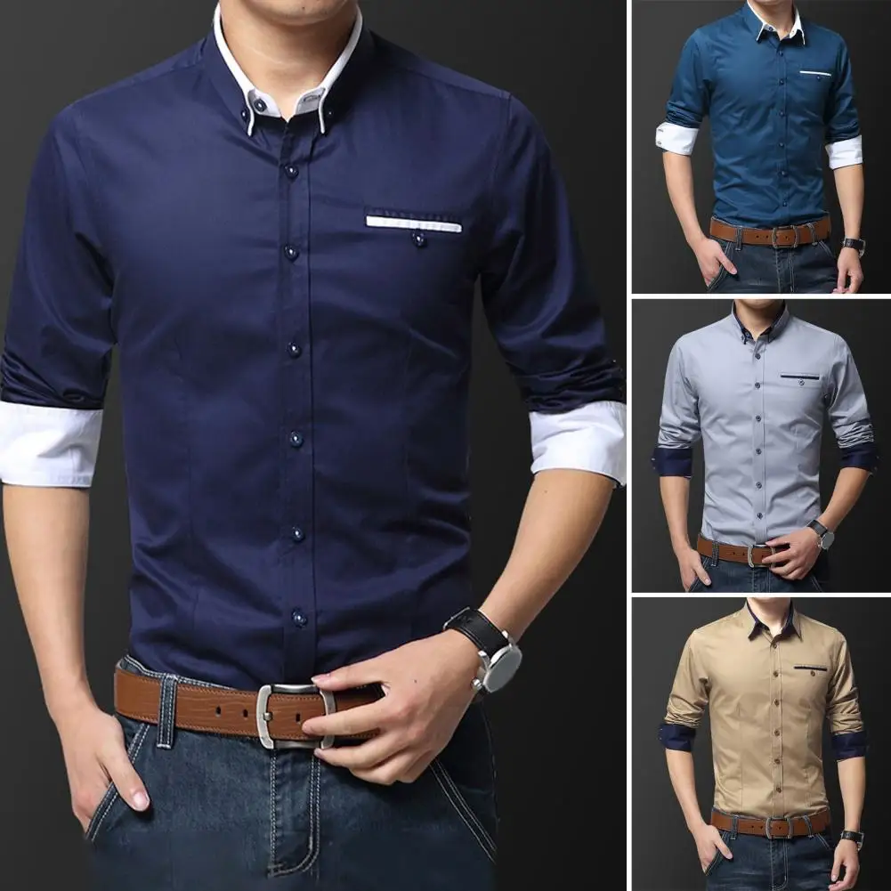 

Мужская однобортная деловая рубашка, однобортная формальная рубашка средней длины с лацканами и длинными рукавами, Офисная рубашка,