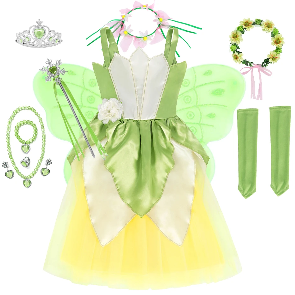 

Princess Party Costumes Tiana Dress For Girls Carnival Fantasy Outfits Little Kid Fairy Cosplay Clothes Children Sling Prom Gown