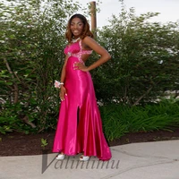 fuchsia satin sexy backless evening dress slit v neck a line beads crystals wedding party gown made to order robes de soir%c3%a9e