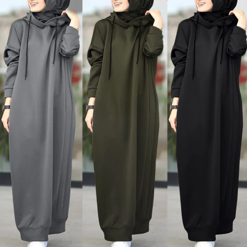 Muslim Long Sleeve Hoodie Solid Color Casual Loose Pocket Maxi Dress Female Fashion Long Sweatshirt Vestidos Robe