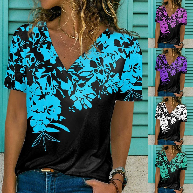 

2022 Summer Elegant Women's Floral Theme Painting T Shirt Floral Fational Print V Neck Basic Casual Tops Streetwear