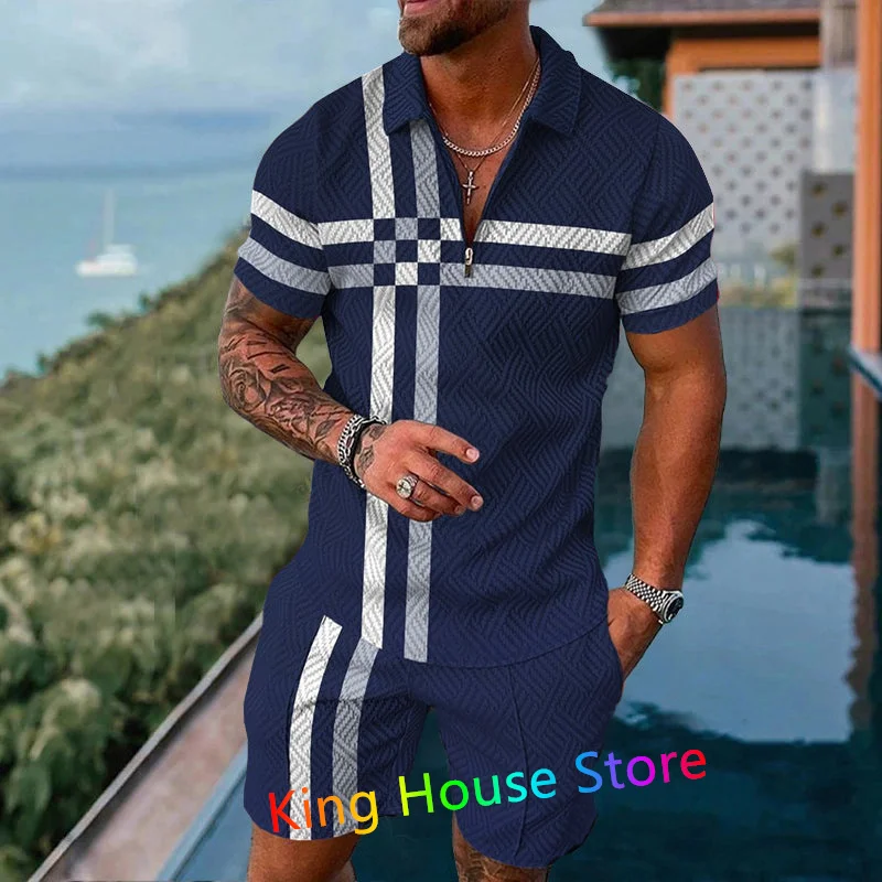 Men's Polo Shirt Tracksuit 2 Piece Set Summer 3D Print Zipper Polo Short Sleeve Shorts Outfit Fashion Sportswear Clothes Sets