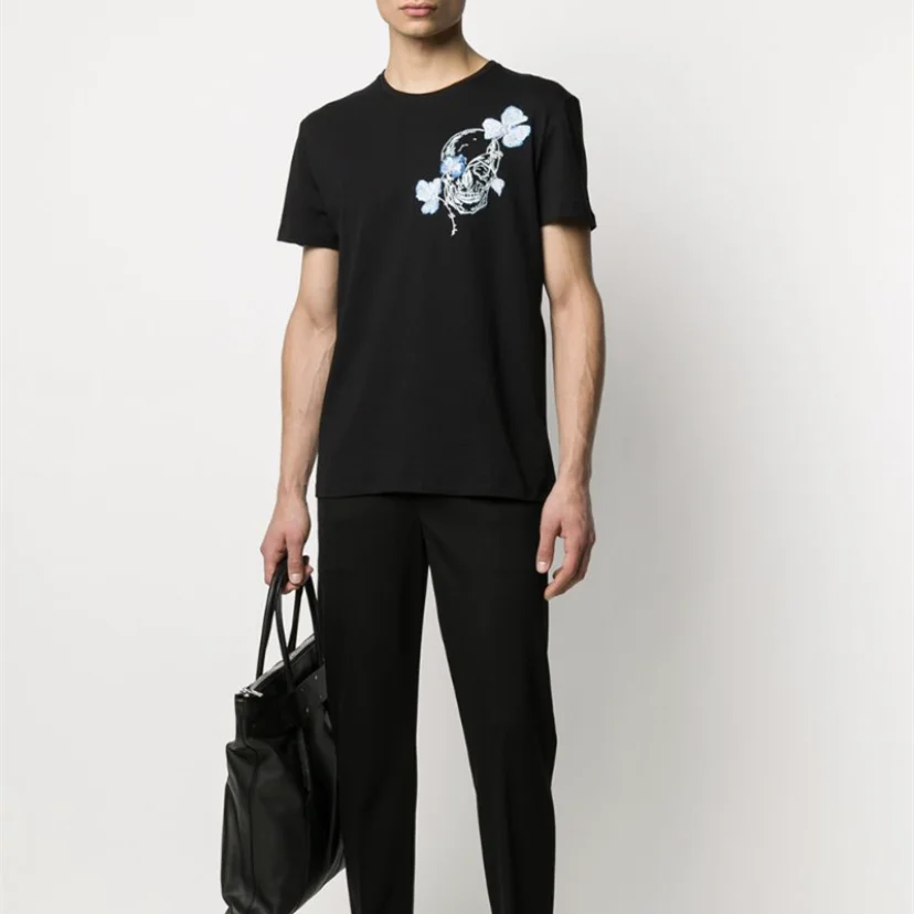 

MCQUEEN Men's And Women's Tees New Unisex Tops & Tees Skull Flower Printed Short Sleeve All-match T-shirt S-4XL