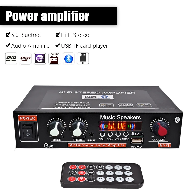 

Universal G30 HIFI Bluetooth Car Audio Power Amplifier FM Radio Player Support TF Card AUX U disk MP3 with Remote Controller