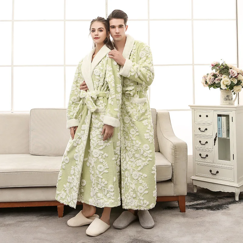 Double-Layer Winter Flannel Bathrobe Long Robe For Men Women Couple Sleepwear Robe Homewear Warm Nightgowns 3D Jacquard Bathrobe