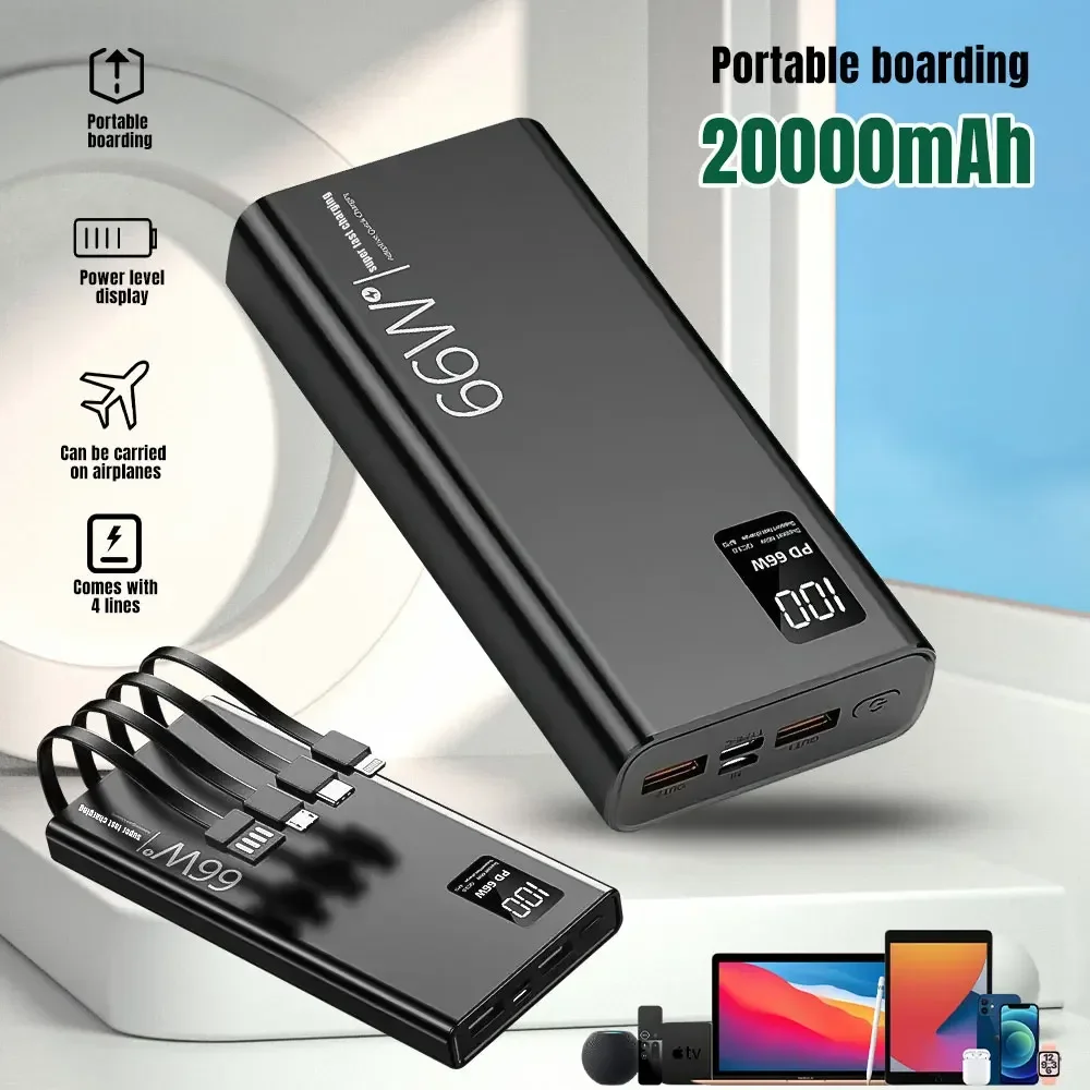 Фото Power Bank 100000 мАч для Xiaomi iPhone Samsung 66 Вт, сверхбыстрая зарядка для 22,5 Вт, встроенный 4 кабеля, портативный цифровой внешний аккумулятор №2