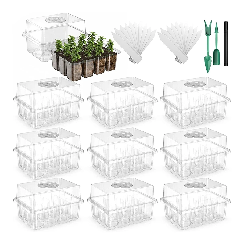 

ABSF 10 Pack Reusable Seed Starter Tray,120 Cell Seed Starter Kit With Air Vent Humidity Dome And Drain Hole Base(Clear Base)