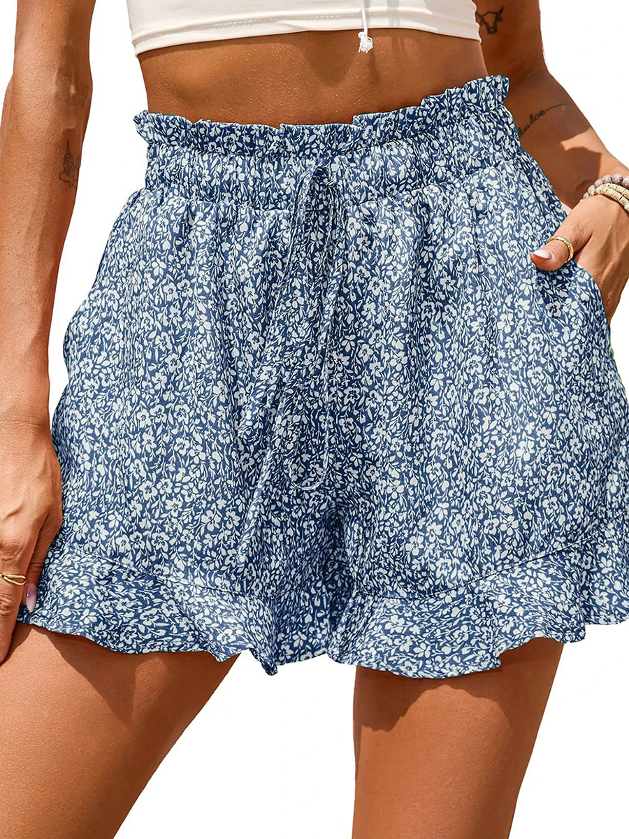 

Women Floral Pants Ruffle Hem Drawstring Slimming High Waist Short Trousers