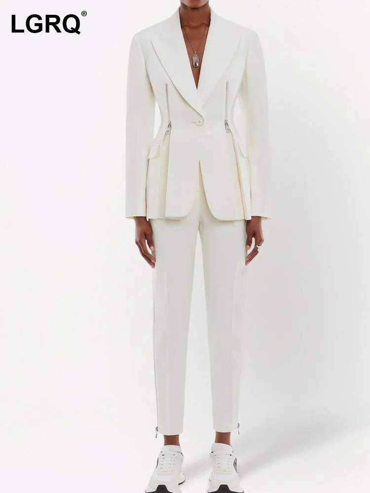 

LGRQ Fashion Women's New Notched Long Sleeve Plaid Single Button Blazer And High Waist Straight Zipper Pant Summer 2023 17A1629