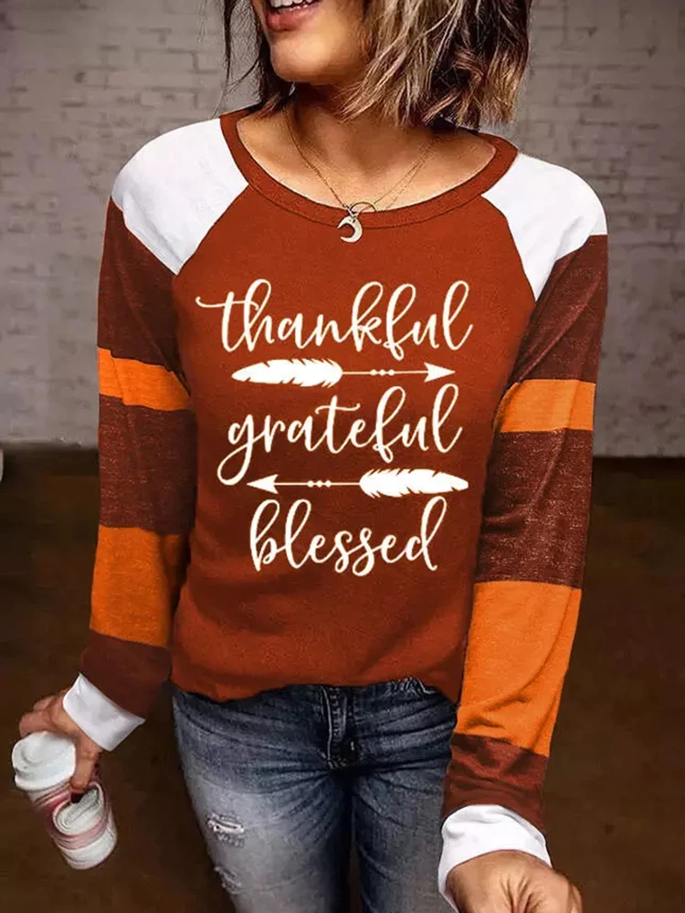 

Tops Women Thankful Grateful Blessed Feather Long Sleeve Blouse Sweatshirt O-Neck Letter Print Loose Pullovers Female Hoodie