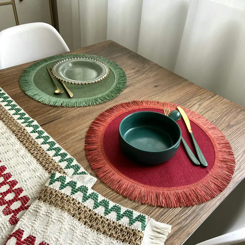 

15 Inch Round tassel Place Mats for Dining Room Kitchen Table Decor,Woven Heat Resistant Washable Reversible simplicity Placemat