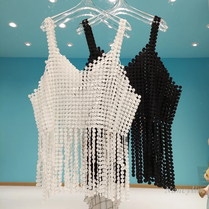 

Korean Style Lace Camisole for Women 2022 Summer Loose Solid Color Three-Dimensional Dot Hollow Out Tassel Suspender Top