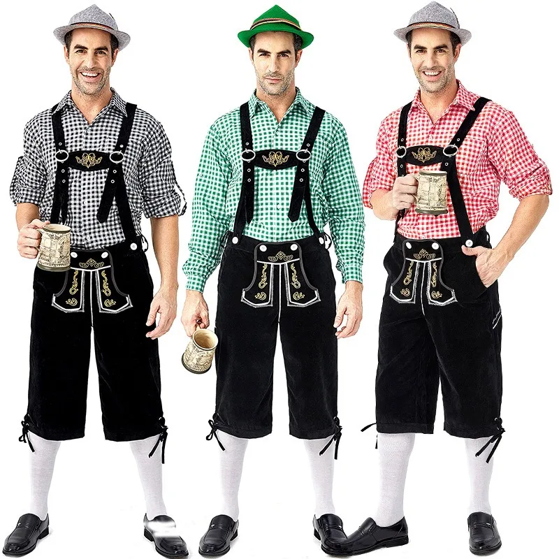 

Comisoc Bavarian Costume Men Traditional German Oktoberfest Cosplay Costume Festival Shirt Embroidered Suspenders Hat Set