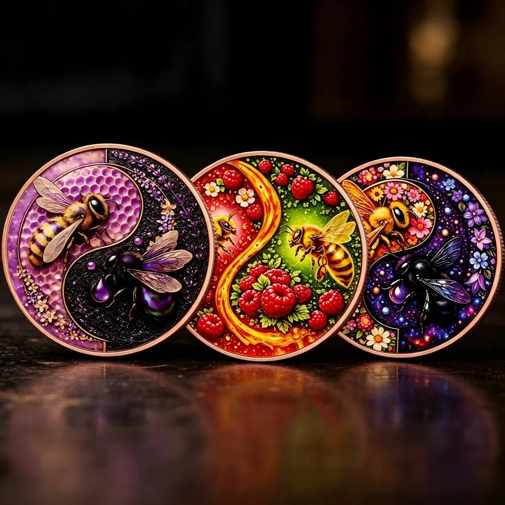 Фото Монета-сувенир 2026 Bee Copper Coin Challenge Coin с дизайном «Пчела Инь-Ян», двусторонняя 2D-печать, подарок на дружбу для женщин, мужчин и коллег №1
