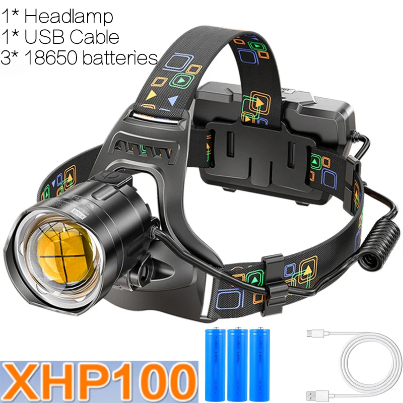 

Мощный USB Перезаряжаемый Светодиодный Налобный Фонарь XHP100, Водонепроницаемый, С Высокой Интенсивностью, Аккумулятор 18650