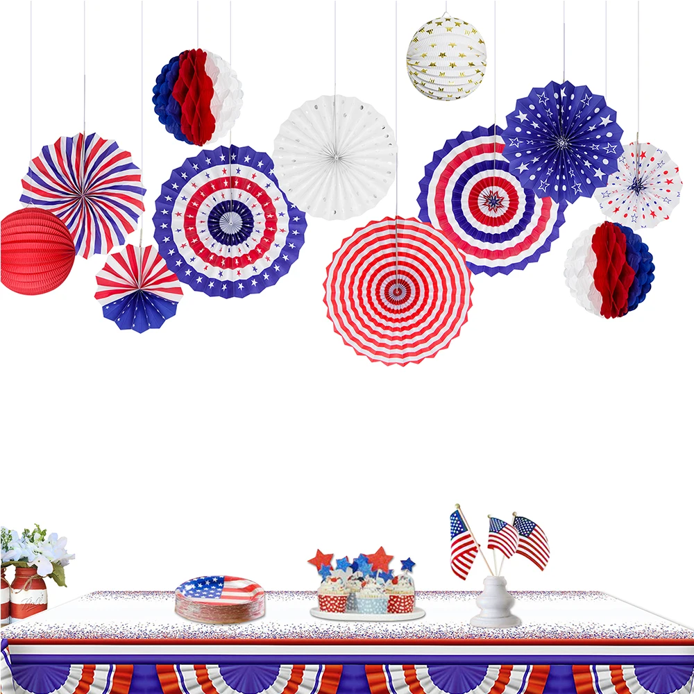 

4th July Independence Day Red Blue White Lanterns Folding Fan Honeycomb USA Birthday Wedding Baby Shower Hanging Ornaments Decor