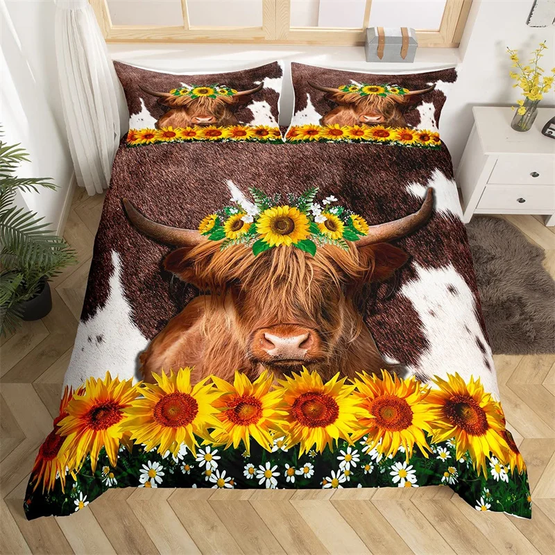 Sunflower Highland Cow Duvet Cover Western Farm Animal Bedding Set Cowhide Comforter Cover Microfiber Twin King Queen Bedclothes