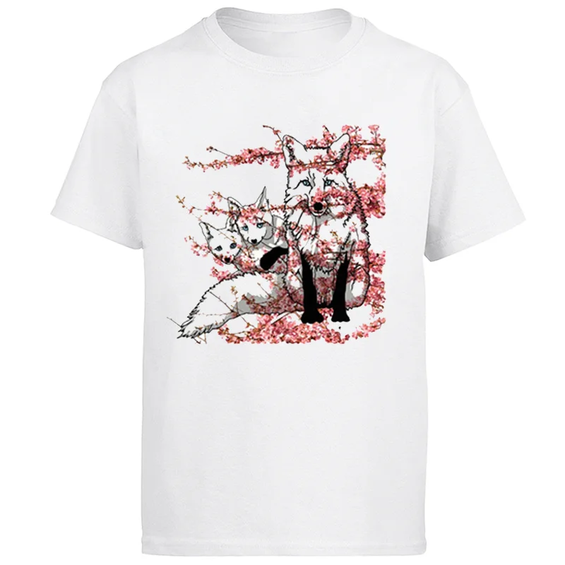 

Fox Family Hiding In Blossoms graphic t shirts Male oversize t-shirts Tees harajuku Summer Men's clothing