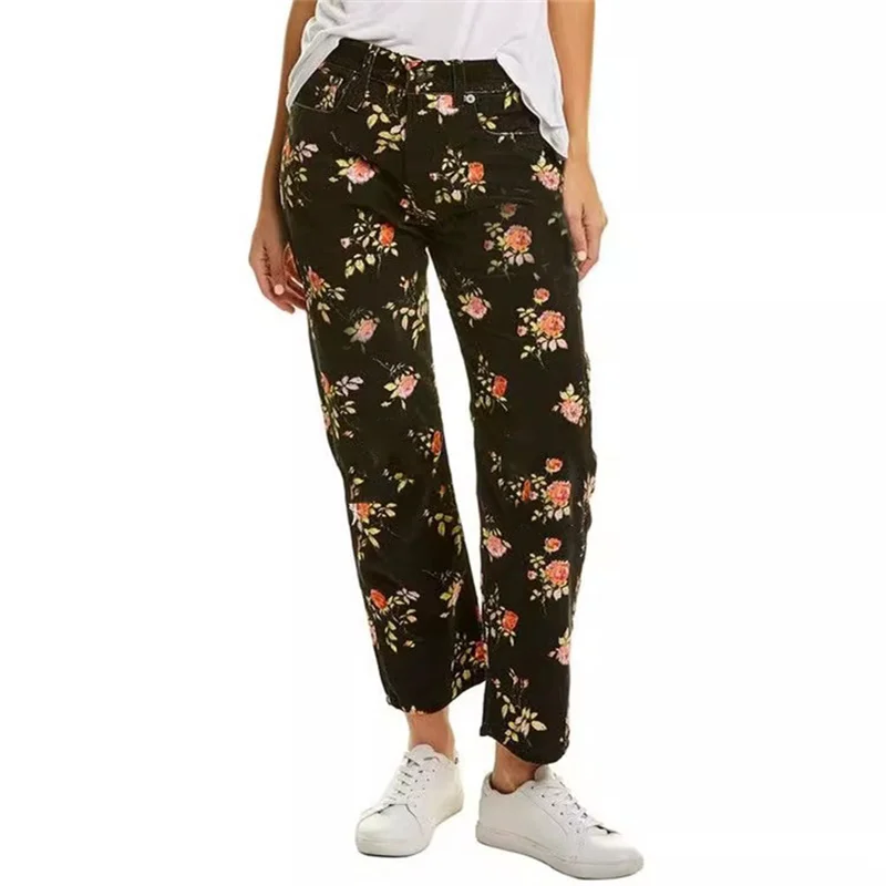

Женские брюки, Новинка осени 2023, модные женские джинсы в Корейском стиле с принтом роз, облегающие брюки-клеш из чистого хлопка с заниженной талией, брюки y2k