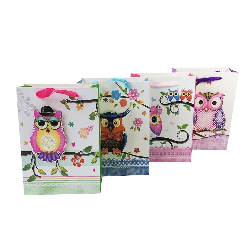 10Pcs/lot 18*25*8cm Upscale Multifunction Paper Bags With Ribbon Handle 3D Owl Lovely Recyclable Environment-friendly Gift Bags