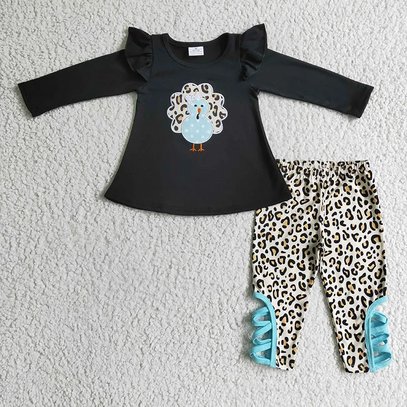 

Thanksgiving Embroidered turkey black long sleeves girl's shirt tunic top with leopard print leggings new baby clothing sets