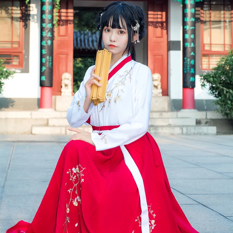 

Girls Cute Sweet Traditional Clothing Hanfu Ladies Summer Ethnic Floral Plum Blossom Fairy Dress Costume Drama Outfits Elegant