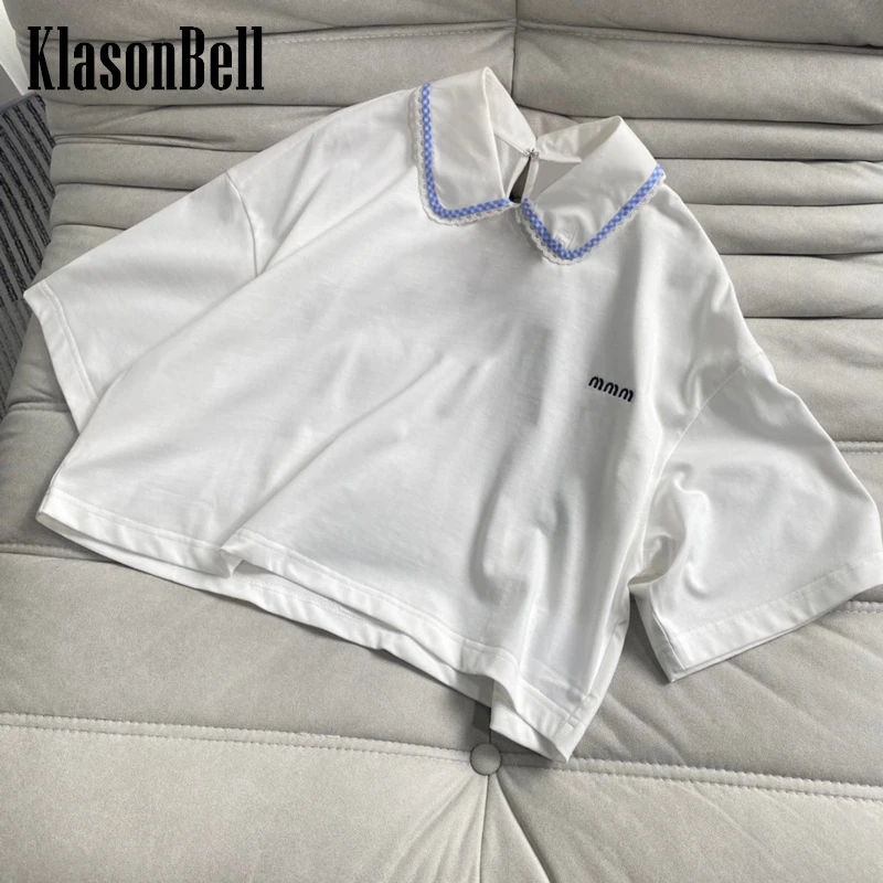 

6,7 KlasonBell, воротник Питера Пэна, вышитая буква, хлопковая Короткая свободная белая футболка для женщин