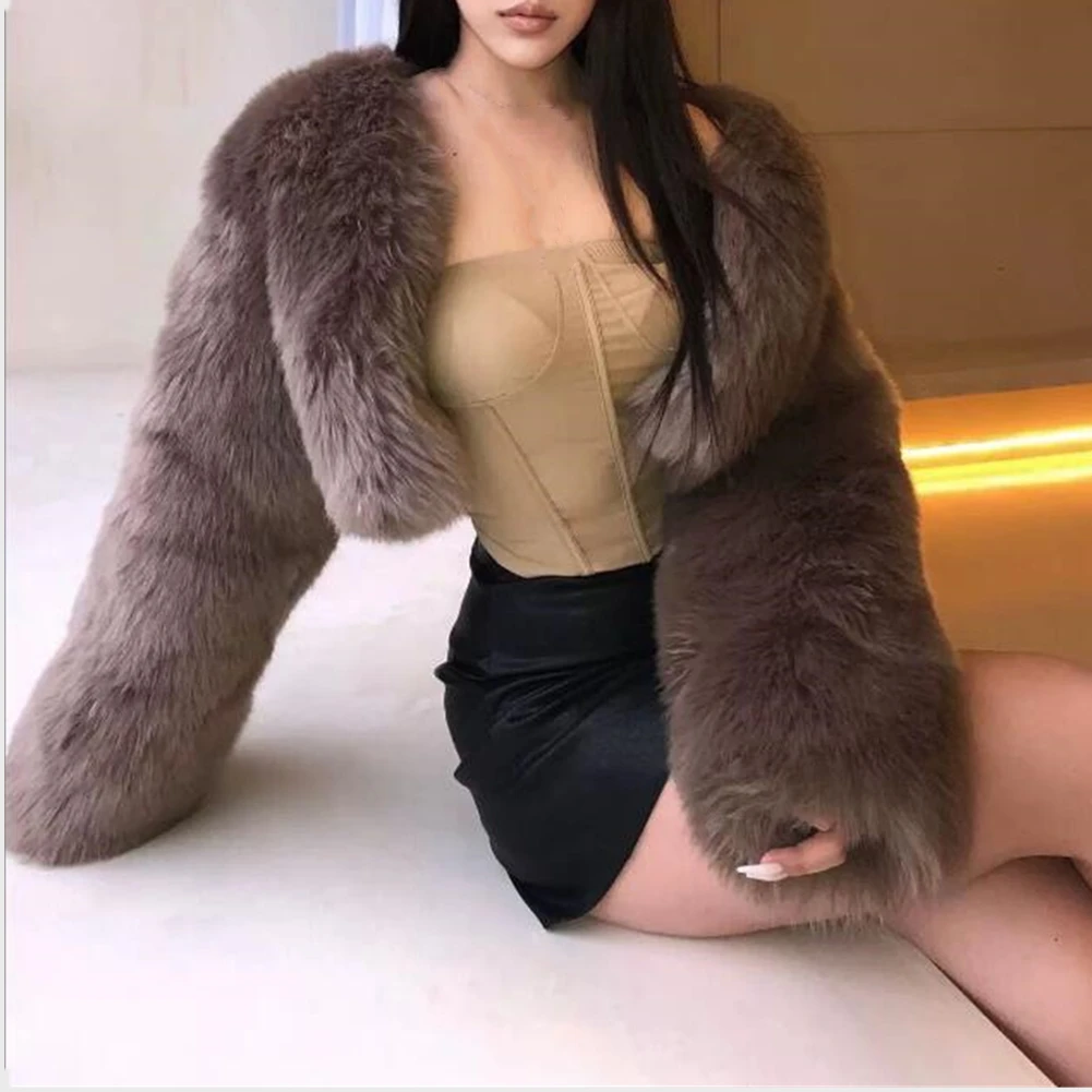 Fashion Women Winter Crop Top Faux Fur Coats Jackets Long Sleeve Thick Warm Fluffy Short Fur Coats Outwears