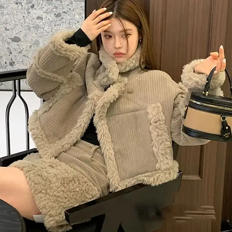 Корейское двухсекционное зимнее женское ретро-стиль модное пушистое короткое