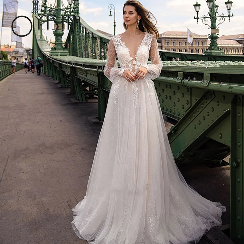 

OYISHA Deep V-Neck Boho Wedding Dress 2023 Elegant Puff Sleeves A-Line Bridal Gowns Illusion Back Button Tulle vestidos de noiva