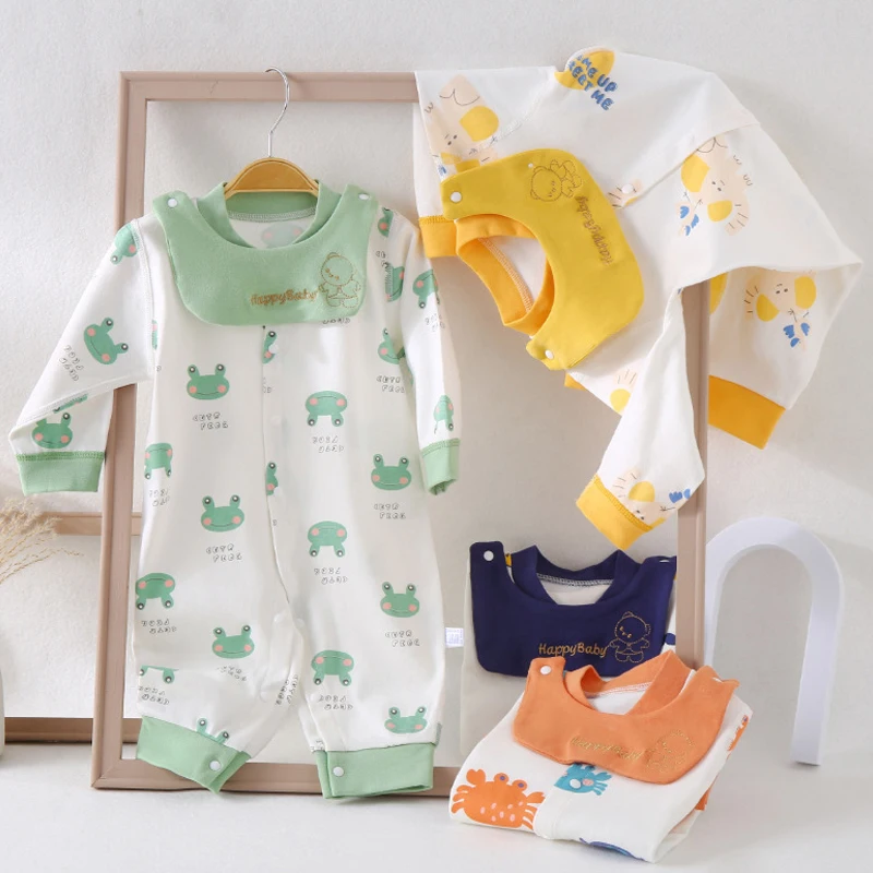 

Newborn Baby Soft Onesie 2022 Spring Autumn Romper Long Sleeve Cartoon Animal Print Patchwork Leisure Children Clothing