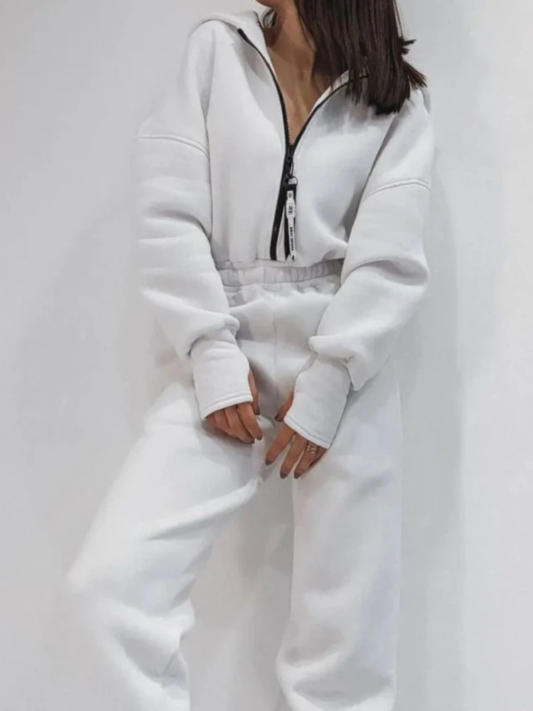 

Y2k Streetwear White Jumpsuits Hooded Sweater Long Sleeve Zipper Waist Jumpsuit Office Lady Bodysuit Women Clothing 2023 Spring