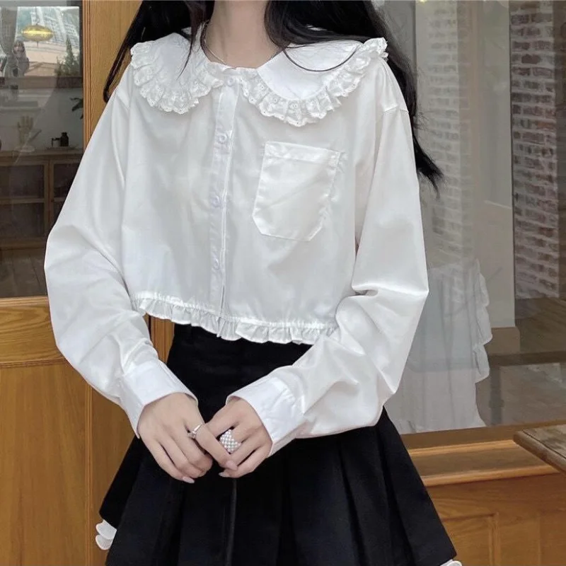 Белая рубашка HOUZHOU Kawaii Женская кружевная Лоскутная Блузка с оборками милые топы в