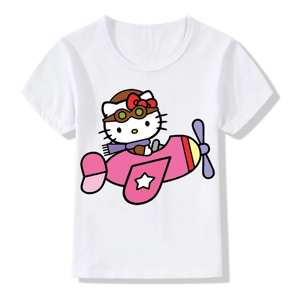 

Children T Shirt Hello Kitty Fly Plane Kawaii Bow Casual Clothes Short Sleeve Harajuku Cartoons Cat Tees Kid Girls Boys T-shirts