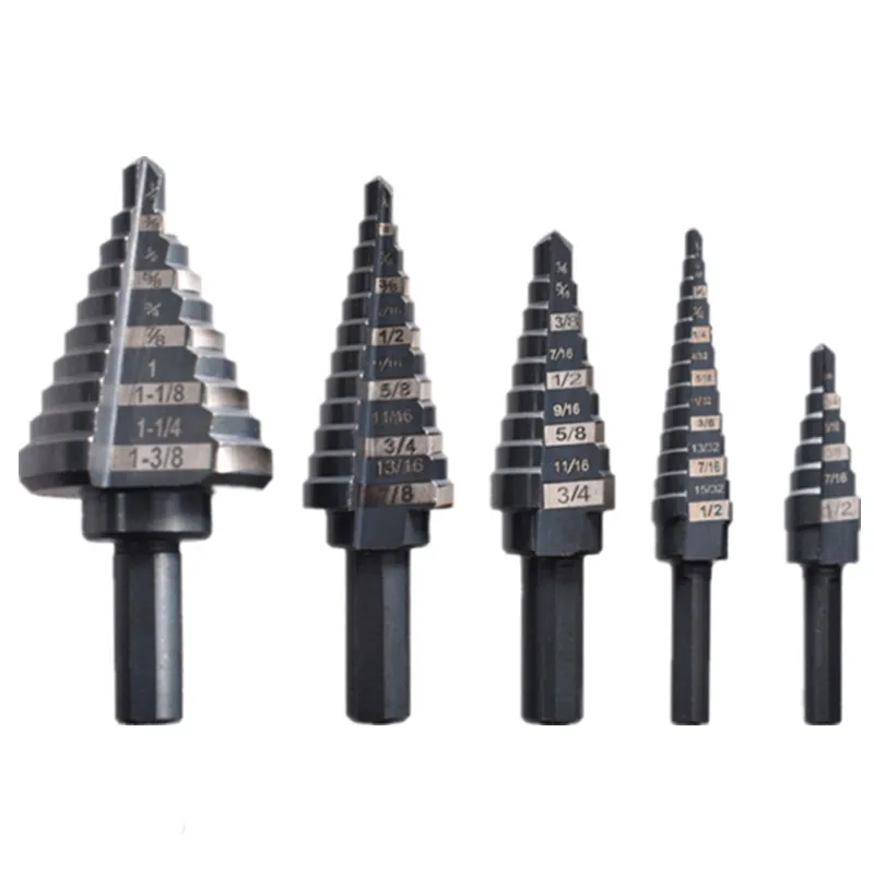 

5Pcs Step Drill Bit Straight Groove Pagoda Hole Cutter Metal Sheet Cone Drill Bit Triangular Shank Bi-Colour Step Hole Opener
