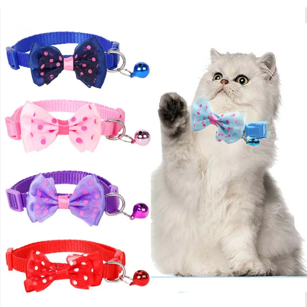 

Cat Collar With Bell Adjustable Fashion Dot Plaid Checkered Bowknot Safety Buckle Neck Strap Pet Festival Decorations Supplies