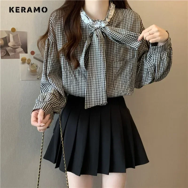 Женская винтажная клетчатая рубашка однобортная Свободная Повседневная Блузка