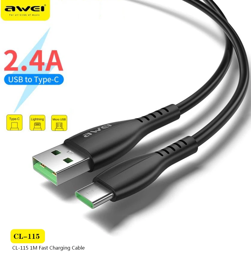 

Awei CL-115 USB Type C Cable 2.4A Fast Charging Wire Cord Quick Charge for Xiaomi/HUAWEI/Samsung/iphone Phone Date Cable 1M