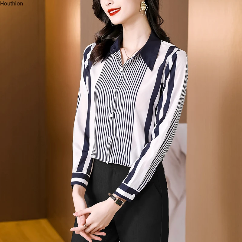 

Satin Loose Women's Shirt New Fashion Blouse Stripe Polo-collar Summer Top Casual Long Sleeve Clothing