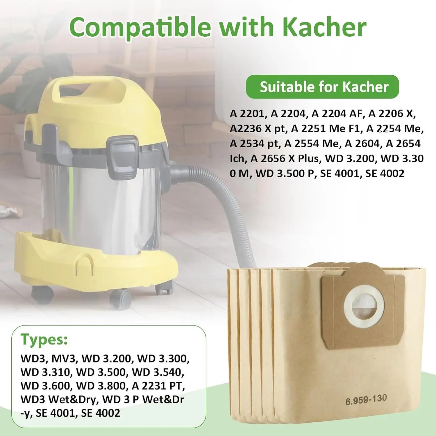 Фото Мешки для пылесоса Karcher 6.959-130.0 WD3, бумажный фильтр-мешок для Kärcher WD3/WD3P/MV3/A2204/A2204/A2534/SE 4001/SE 4002 №2