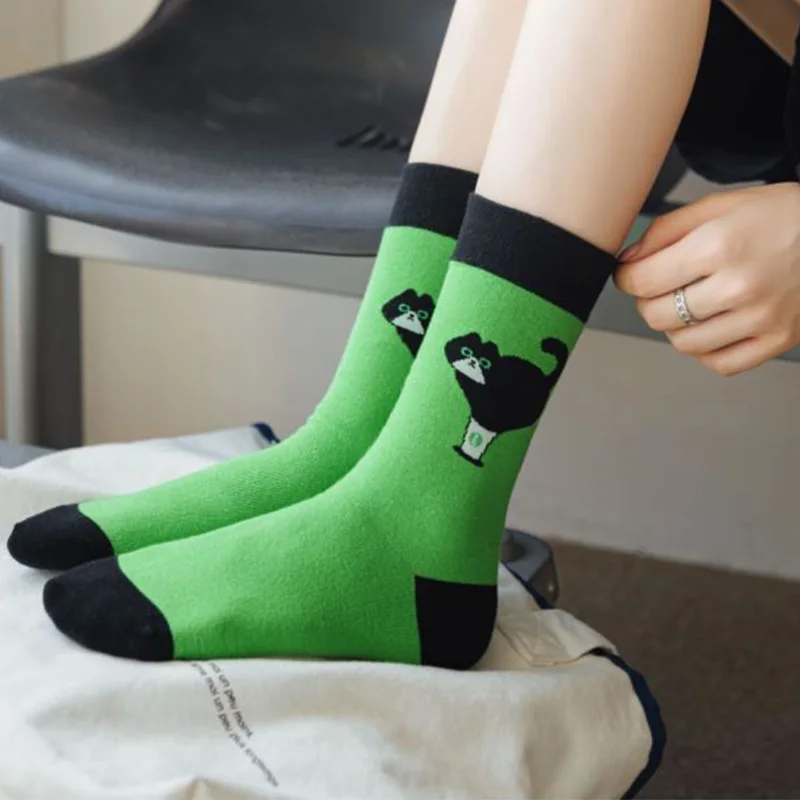 5 Pair Kawaii Splicing Cotton Socks Female Cartoon Animal Print  Long Socks Fashion Winter Socks Women Cycling Girl Leg Warmer