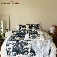 Vintage Black Forest Ink Painting Bedding Set Super Soft Velvet Fleece White Plea Ruffles Duvet Cover Set Bed Sheet Pillowcase